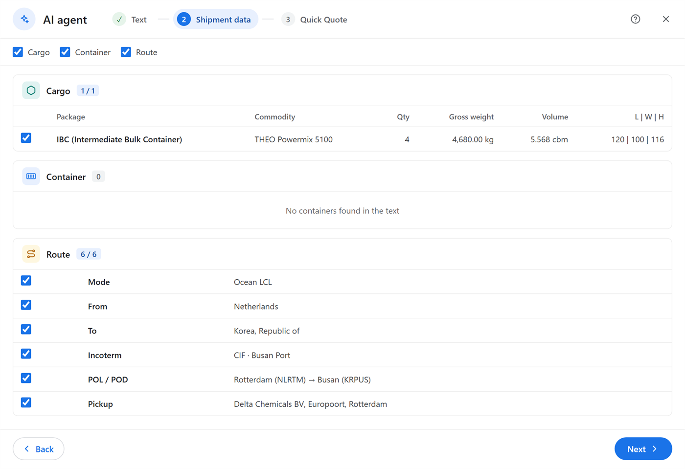 The AI agent's shipment data step: one IBC cargo line with weight, volume and sizes, no containers, and the route: Ocean LCL, Netherlands to Korea, incoterm CIF Busan, Rotterdam to Busan, pickup at Delta Chemicals, Europoort