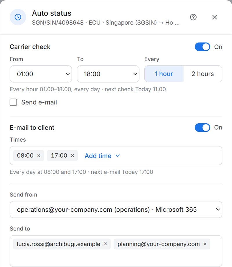 Auto status in the ERP: the carrier is checked every hour and the client gets a status e-mail every day at 08:00 and 17:00