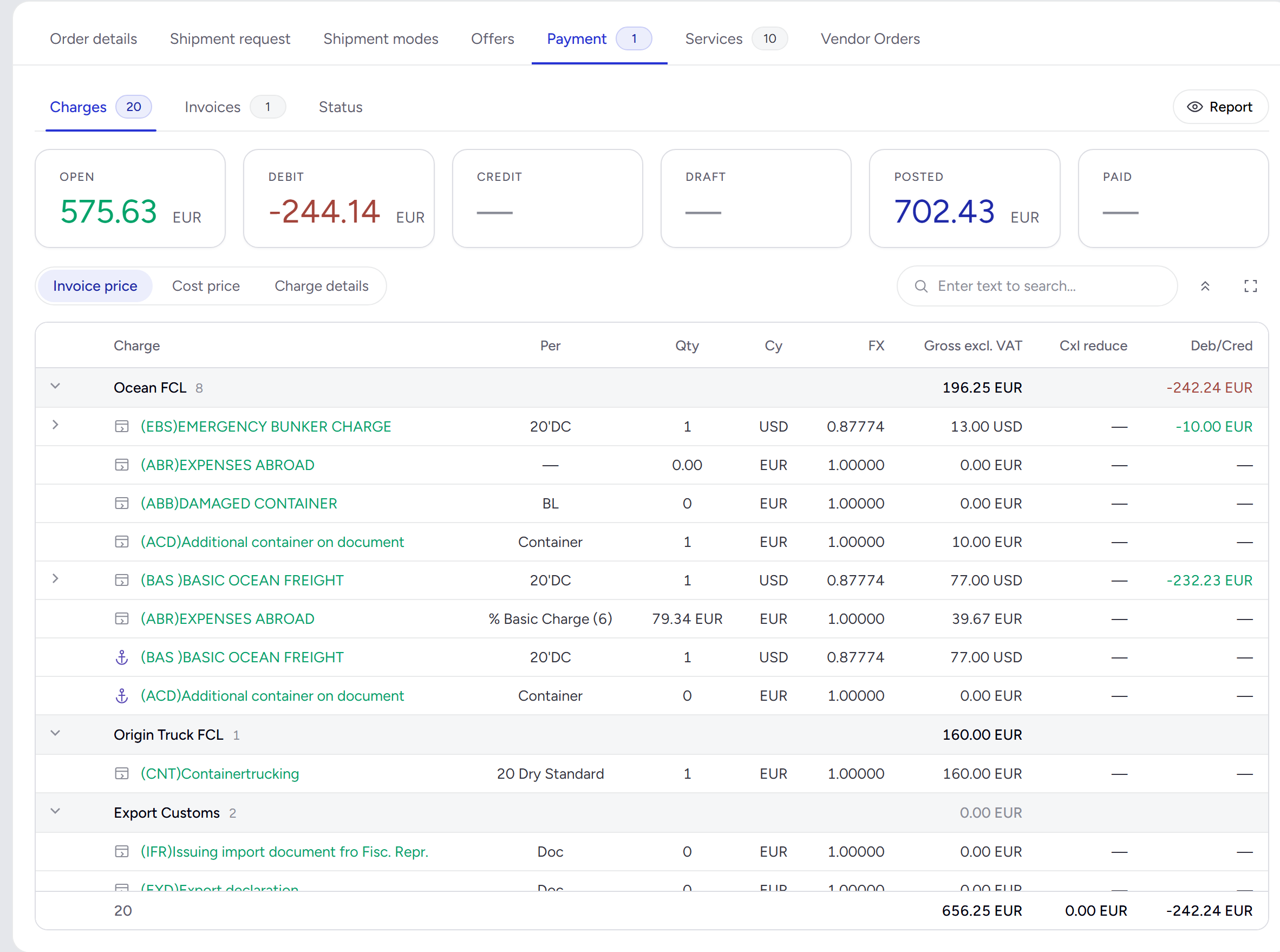 The Payment tab of order 00066: open 575.63 EUR, debit −244.14, posted 702.43, and the charges grouped per service with currency, exchange rate, gross amount and the debit or credit against posted invoices