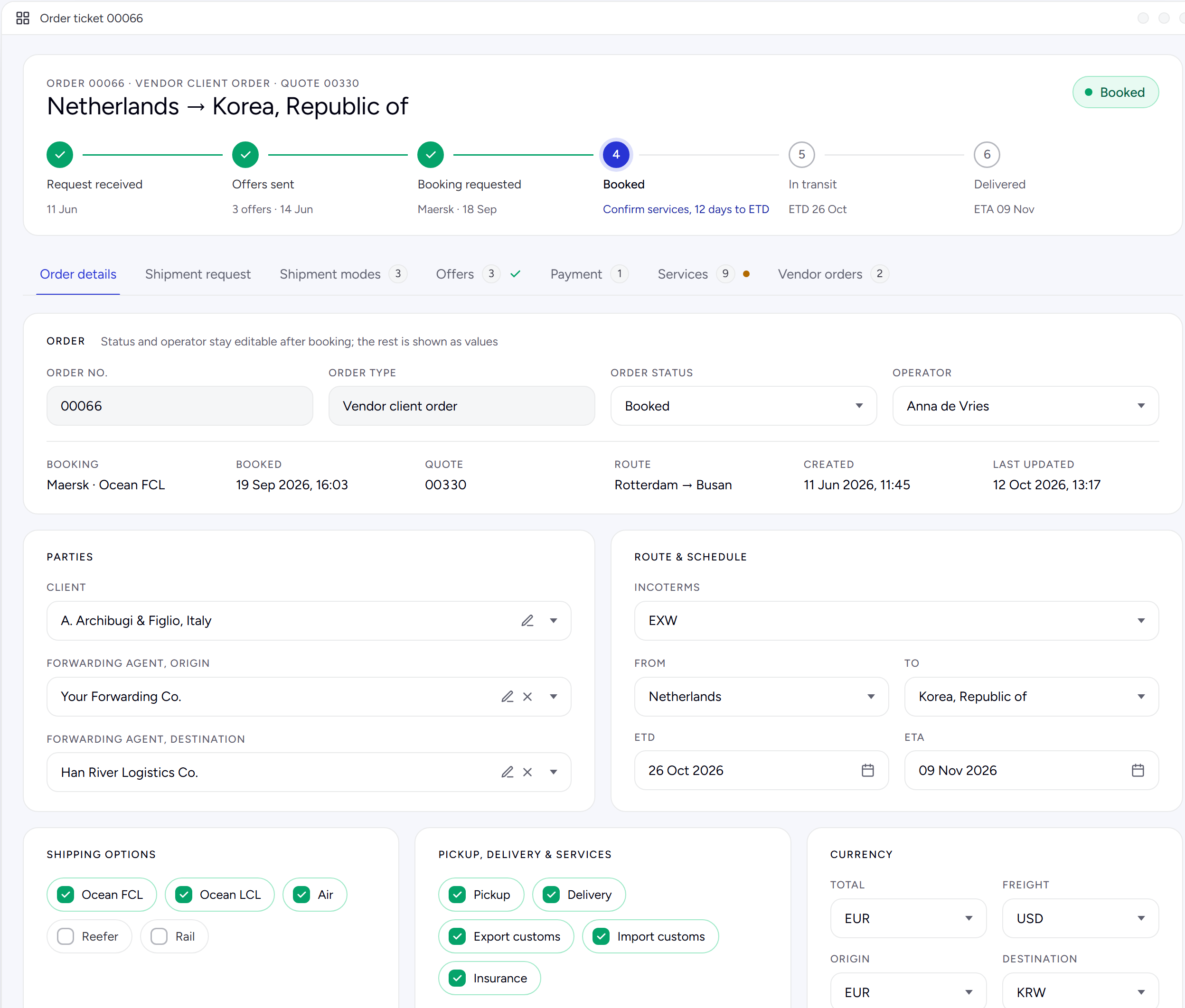 The order window: order 00066 from the Netherlands to Korea, its stages from Request received to Delivered, the tabs Order details, Shipment request, Shipment modes, Offers, Payment, Services and Vendor orders, and the order card